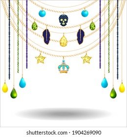 3D-Vektorgrafik mit blauen Steinen, Perlen, Perlen, Anhängern, goldenen Ketten, Sternen und Kleider.  Goldene Halsketten mit Anhängern.