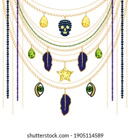 3D vector illustration with blue stones, emeralds, beads, pendants, golden chains, stars and beadworks.  Golden necklaces with pendants.