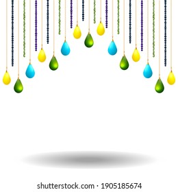 3D vector illustration with blue stones, emeralds, beads, turquoise, golden hanging chains and beadworks.  Golden necklaces with pendants.