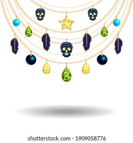 3D vector illustration with blue stones, emeralds, skulls, beads, pendants, golden chains, stars and beadworks.  Golden necklaces with pendants.