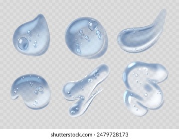 3d Vector Illustration Of Blue Transparent Gel Drops With Bubbles. Droplets Vary In Shape And Size For Skincare Theme