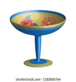 3d vector illustration. Blue vase for fruit with a golden border. Isolated on white background.