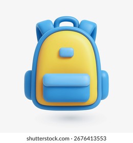 3D vector illustration of a blue and yellow backpack, symbolizing back to school, education, study, learning, and student life.