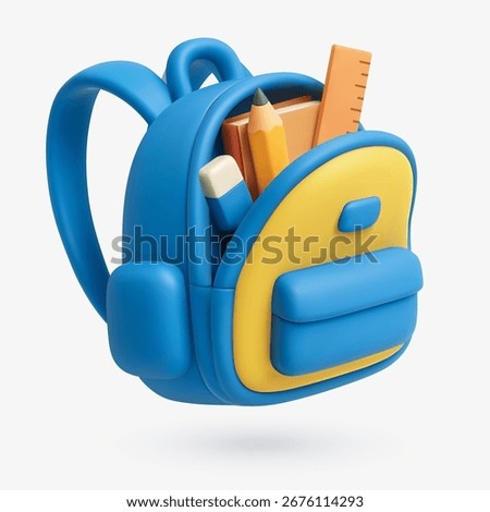 3D vector illustration of a blue and yellow backpack filled with books, pencil, eraser, and ruler, symbolizing back to school and education.