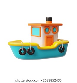 3D vector illustration of boat with orange and blue cabin, with lifebuoys hanging from the side. Vessel. Children's toy. Sea tourism. Vacation, Travel. Cartoon style. Isolated icon.