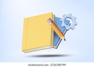 Ilustração vetorial 3D de livros com lápis e ícone de engrenagem. Conceito para educação técnica e aprendizagem de habilidades de engenharia. Modelo de plano de fundo do estudo do aluno.
