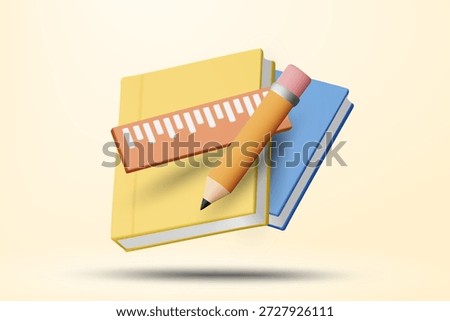 3D vector illustration of books with pencil and ruler. Concept for school education and student homework study. Learning supplies background template.