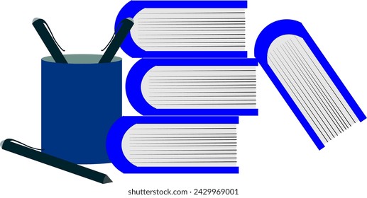 3D vector illustration of books stacked with pens