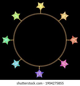 3D vector illustration of bracelet or necklace with golden chain, jewelry and crystals stars. Creative golden frame.