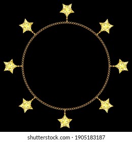 Ilustración vectorial 3D. Pulsera o collar con cadenas doradas, joyas y estrellas de cristal. Marco dorado creativo.