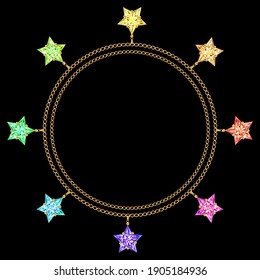 3D-Vektorgrafik. Armband oder Halskette mit goldenen Ketten, Schmuck und Kristallstern. Kreativer goldener Rahmen.