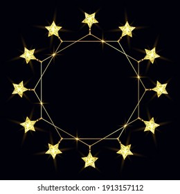 3D vector illustration. Bracelet or necklace with golden chains, jewelry and crystal stars on a black background. Creative golden frame.