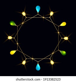 Ilustración vectorial 3D. Pulsera o collar con cadenas doradas, joyas y colgantes de cristal. Marco dorado creativo.