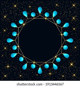 Ilustración vectorial 3D. Pulsera o collar con cadenas doradas, joyas y colgantes turquesa sobre un fondo brillante. Marco dorado creativo.