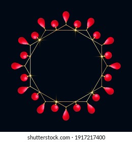 3D vector illustration. Bracelet or necklace with golden chains, jewelry and red pendants. Creative golden frame.