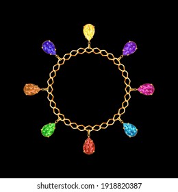 3D vector illustration. Bracelet or necklace with golden chains, jewelry and colorful crystal pendants. Creative golden frame.