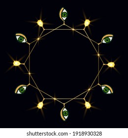 3D vector illustration. Bracelet or necklace with golden chains, jewelry and beadworks on a black background. Creative golden frame.