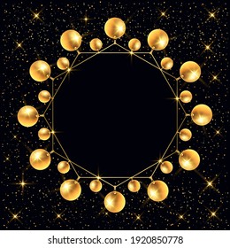 3D vector illustration. Bracelet or necklace with chains, jewelry and golden pendants. Creative golden frame.
