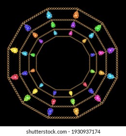 Ilustración vectorial 3D. Pulsera o collar con cadenas doradas, joyas y coloridos coloridos coloridos pendantes de cristal. Marco dorado creativo.