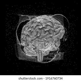 3D vector illustration of brain made of pixels and particles. Concept of neural network, neurology and neuroscience.