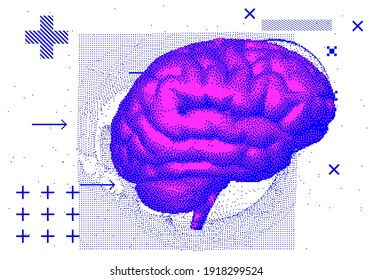 3D vector illustration of brain made of pixels and particles. Concept of neural network, neurology and neuroscience.