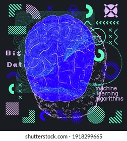 3D vector illustration of brain made of pixels and particles. Concept of neural network, neurology and neuroscience.