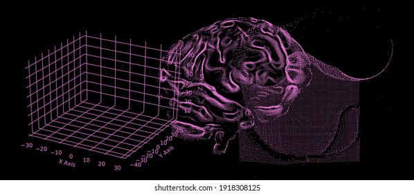 3D vector illustration of brain made of pixels and particles. Concept of neural network, neurology and neuroscience.