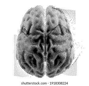 3D vector illustration of brain made of pixels and particles. Concept of neural network, neurology and neuroscience.