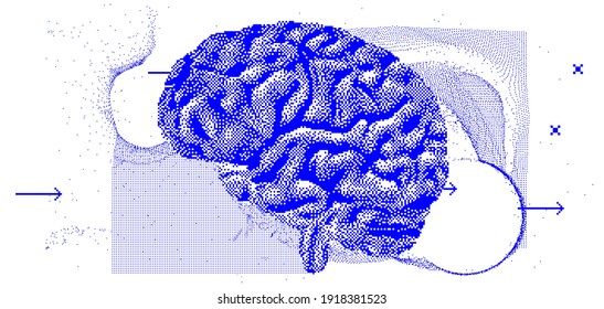 3D vector illustration of brain made of pixels and particles. Concept of neural network, neurology and neuroscience.