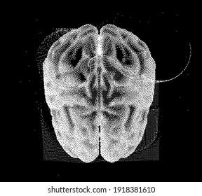 3D vector illustration of brain made of pixels and particles. Concept of neural network, neurology and neuroscience.