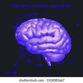 3D vector illustration of brain made of pixels and particles. Concept of neural network, neurology and neuroscience.