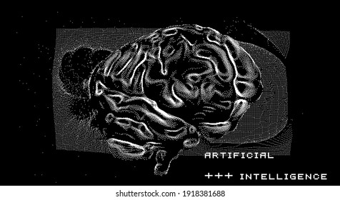 Ilustración vectorial 3D del cerebro hecho de píxeles y partículas. Concepto de red neuronal, neurología y neurociencia.