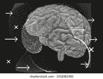 Ilustración vectorial 3D del cerebro hecho de píxeles y partículas. Concepto de red neuronal, neurología y neurociencia.