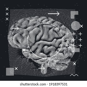 3D vector illustration of brain made of pixels and particles. Concept of neural network, neurology and neuroscience.