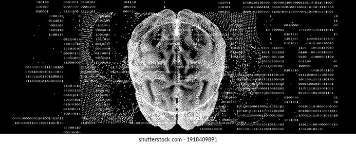 3D Vector Illustration Of Brain Made Of Pixels And Particles. Concept Of Neural Network, Neurology And Neuroscience.