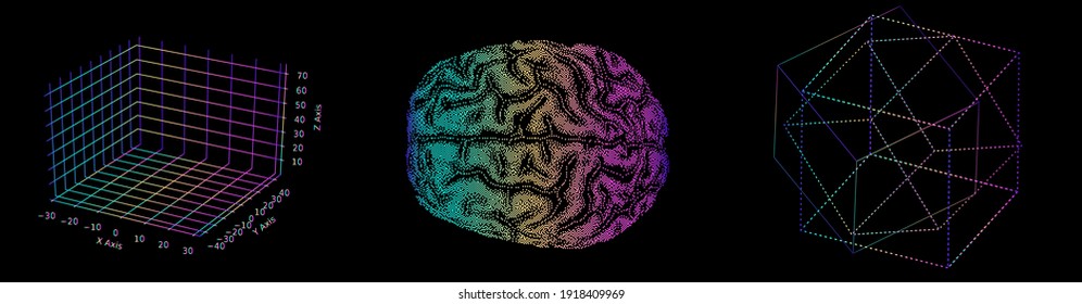 3D vector illustration of brain made of pixels and particles. Concept of neural network, neurology and neuroscience.