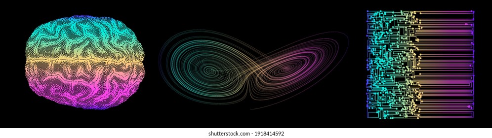3D vector illustration of brain made of pixels and particles. Concept of neural network, neurology and neuroscience.