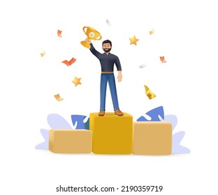 3D Vector illustration of business success, leadership, awards, career, successful projects, goal, winning plan, competition. Creative 3D render design for web banner, business material. Growth