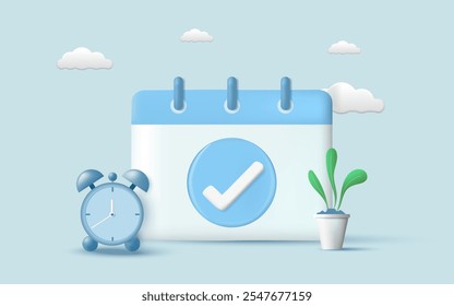 3d vector illustration of Calendar icon with correct sign and alarm clock. Work planning, Meeting reminder planner, Office deadline, Business planning, Appointment, Agenda mark date. Planning concept