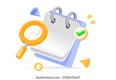 3D vector illustration of a calendar with a magnifying glass icon and check mark. scheduling, planning, Business management and marketing.