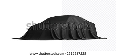 3D vector illustration of a car covered with a black cloth, symbolizing a vehicle reveal or presentation event. Realistic car covered with black cloth on white background.