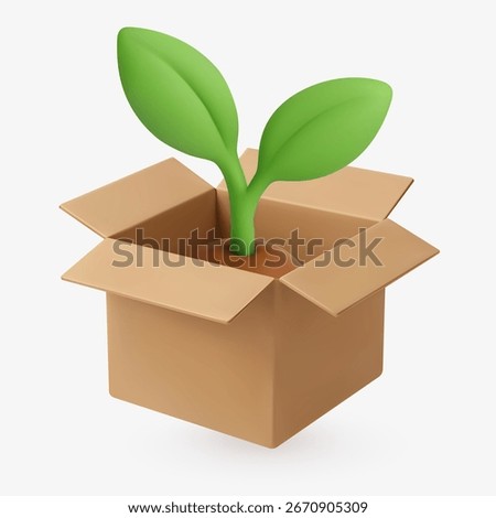 3D vector illustration of a cardboard box with a green seedling inside, symbolizing eco-friendly delivery, sustainable packaging, and environmental responsibility.
