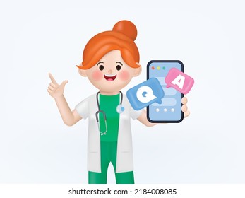 3d vector illustration cartoon cute doctor woman character. Online doctor answer the question. 3d vector cartoon people design.