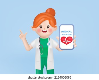 Ilustración vectorial 3d caricatura tierna doctora personaje mujer. Hospital de médicos en línea. 3.ª cartografía vectorial diseño de personas
