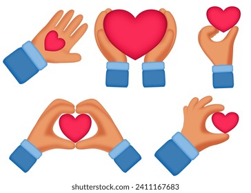 3D vector illustration of cartoon hand signing in various poses related to love or Valentine's Day.