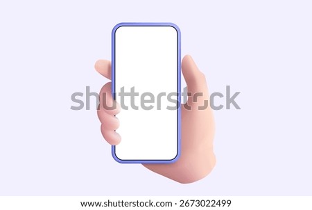 3d Vector illustration cartoon hand holding smartphone device blank screen. Front view, Mobile phone, Communication, Social media, Internet, Online technology, Hand using mobile phone mockup. Eps 10