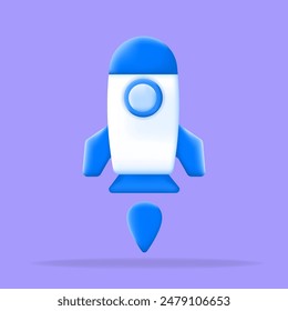 3d vector illustration cartoon icon, spaceship take off fly out orbit