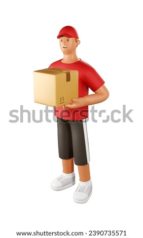 3D Сourier Vector Illustration. Cartoon Male Character of parcel delivery man in red uniform holding a box