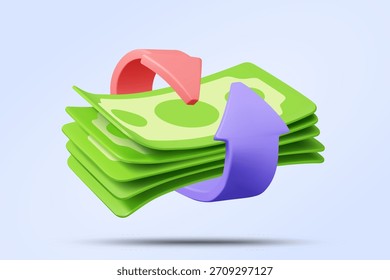 3D vector illustration of cash or banknotes with arrows for transferring money. Symbol of money turnover rate, payment return, loan refinancing and business investment cycle. Suitable for finance apps