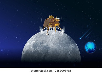 3D vector illustration of Chandrayaan, India moon mission. Successful landing on moon background. Indian space research and exploration technology.